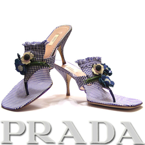 Prada普拉达小山羊皮革手工蓝白织物高跟凉鞋